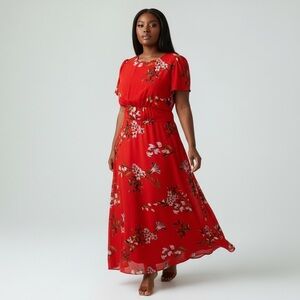 Red floral short sleeve chiffon maxi dress